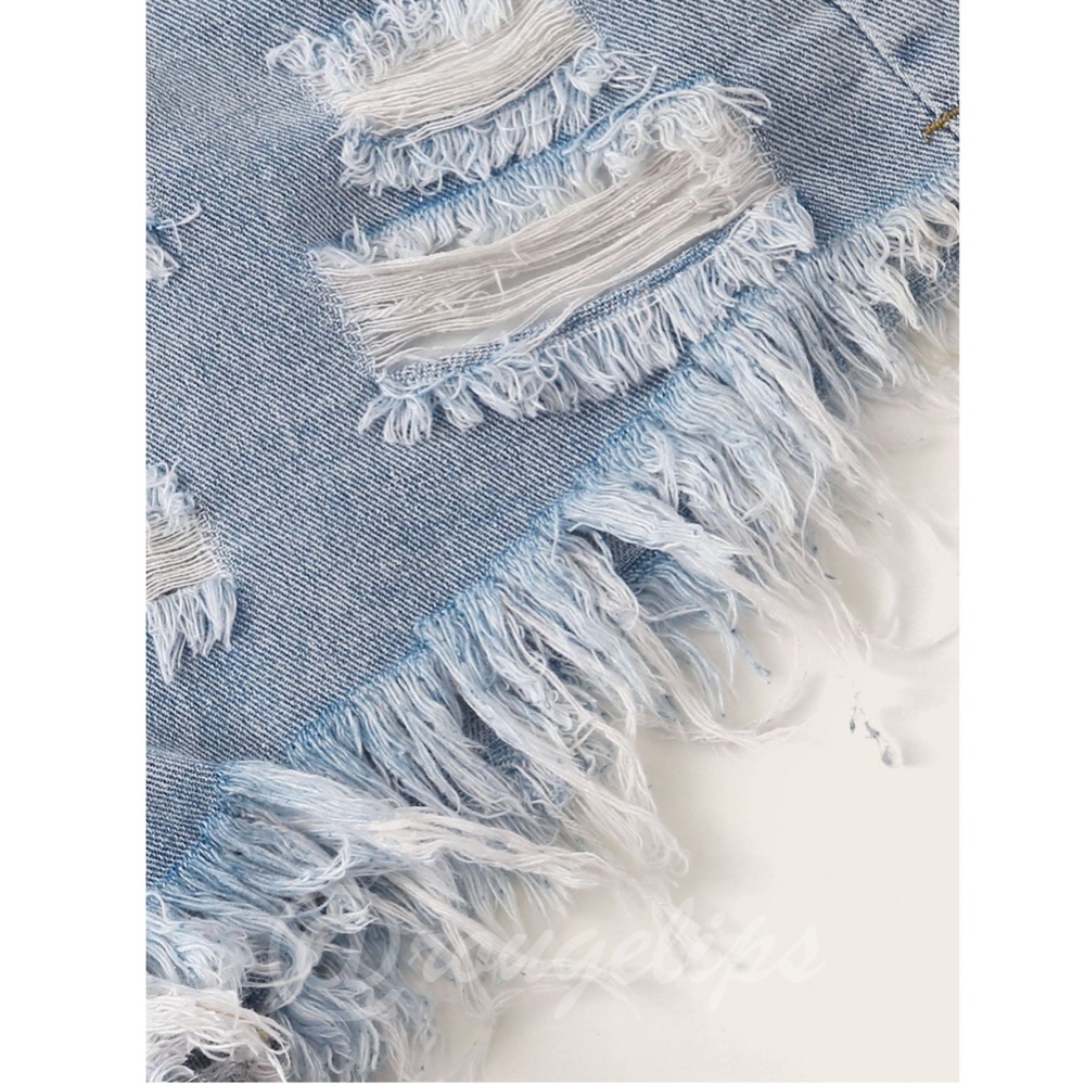 Light Wash Blue Denim Shorts Distressed Ripped High Waist Raw Hem - Picture 9 of 15